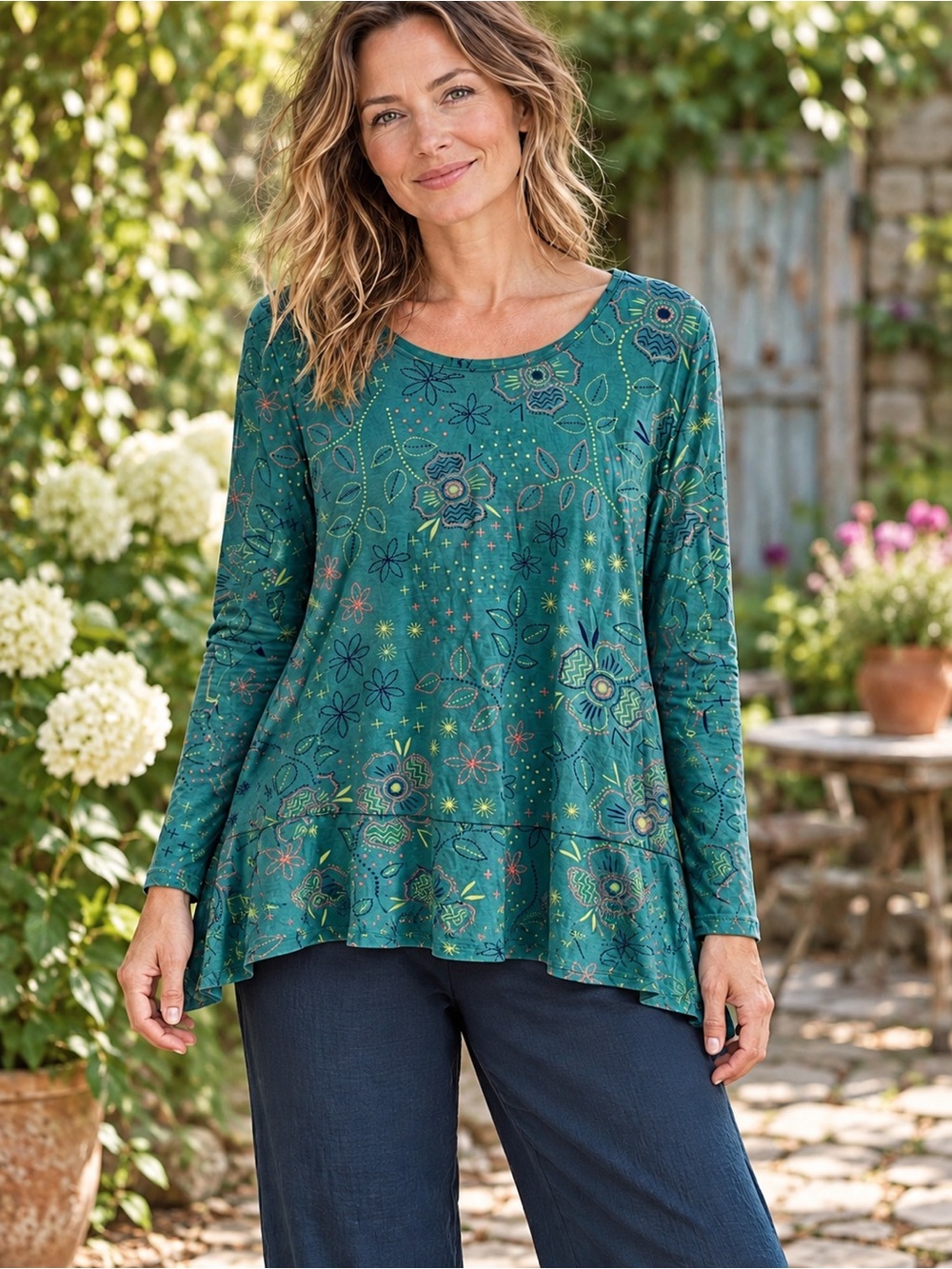 Gudrun Sjoden Teal Floral Lyocell Tunic Top Long Sleeve Est XL